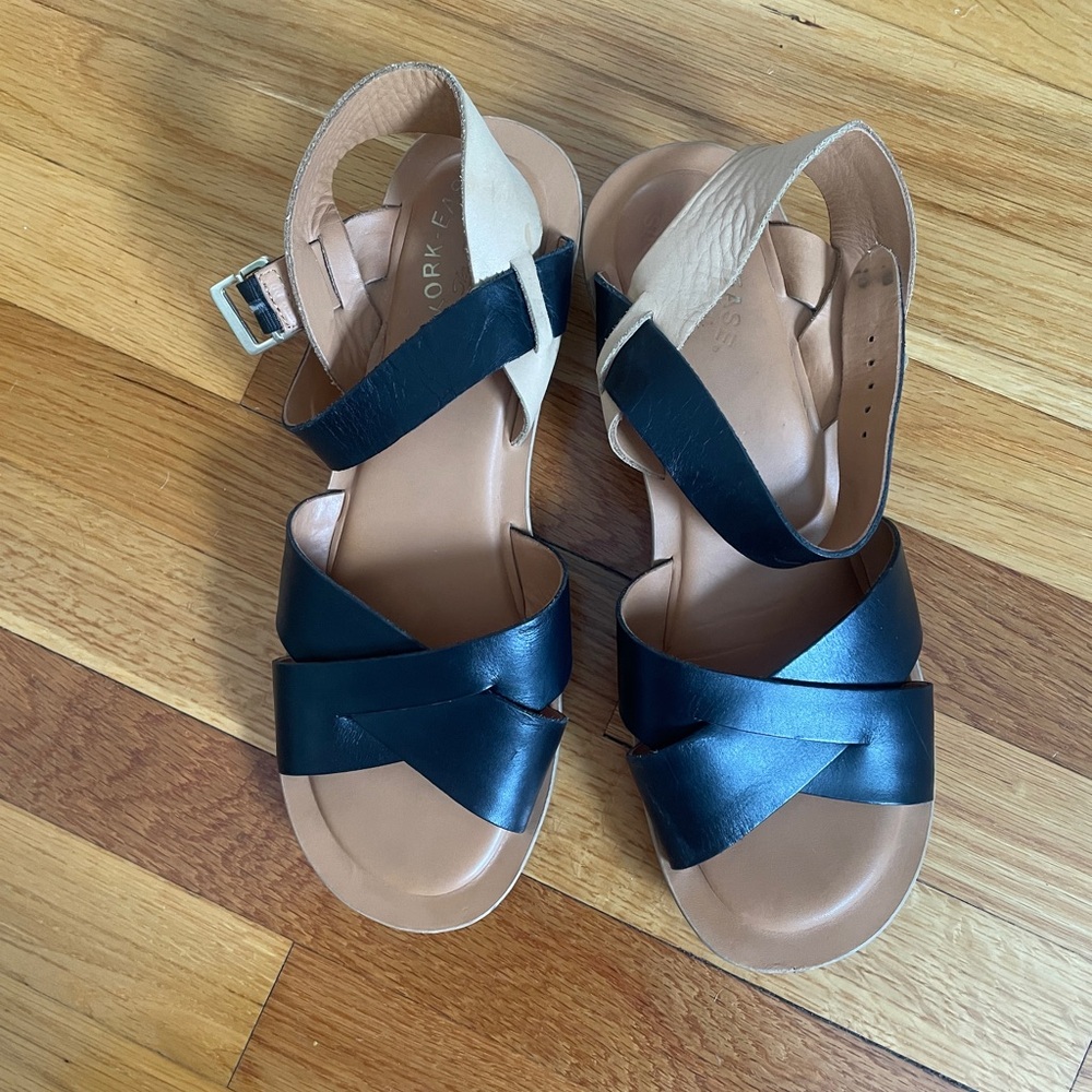 Kork-Ease Black and Tan Heeled Sandals with Crisscross Straps